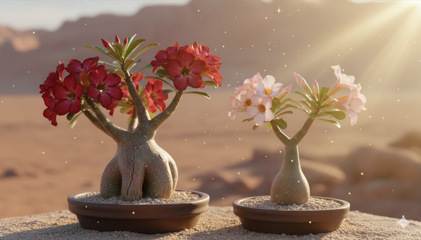 Close-up de uma linda flor de Rosa do Deserto em um jardim ensolarado